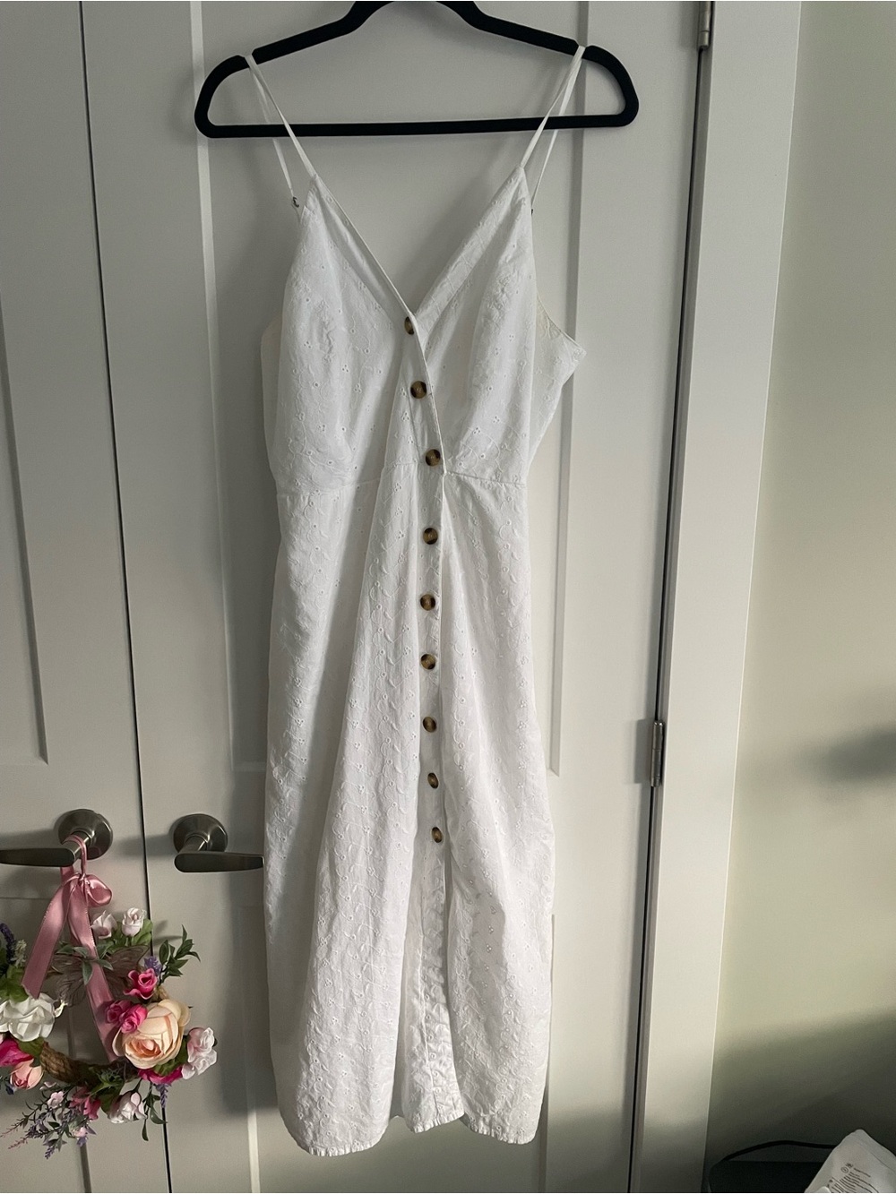 Japna White Eyelet Button-Front Midi Dress
